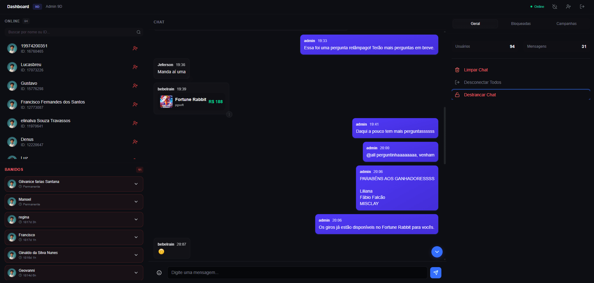 Dashboard administrativo do iGaming Social