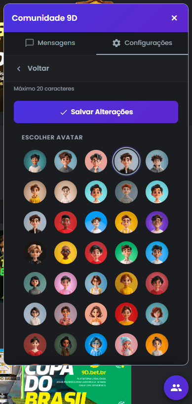 Perfil com seleção de avatares